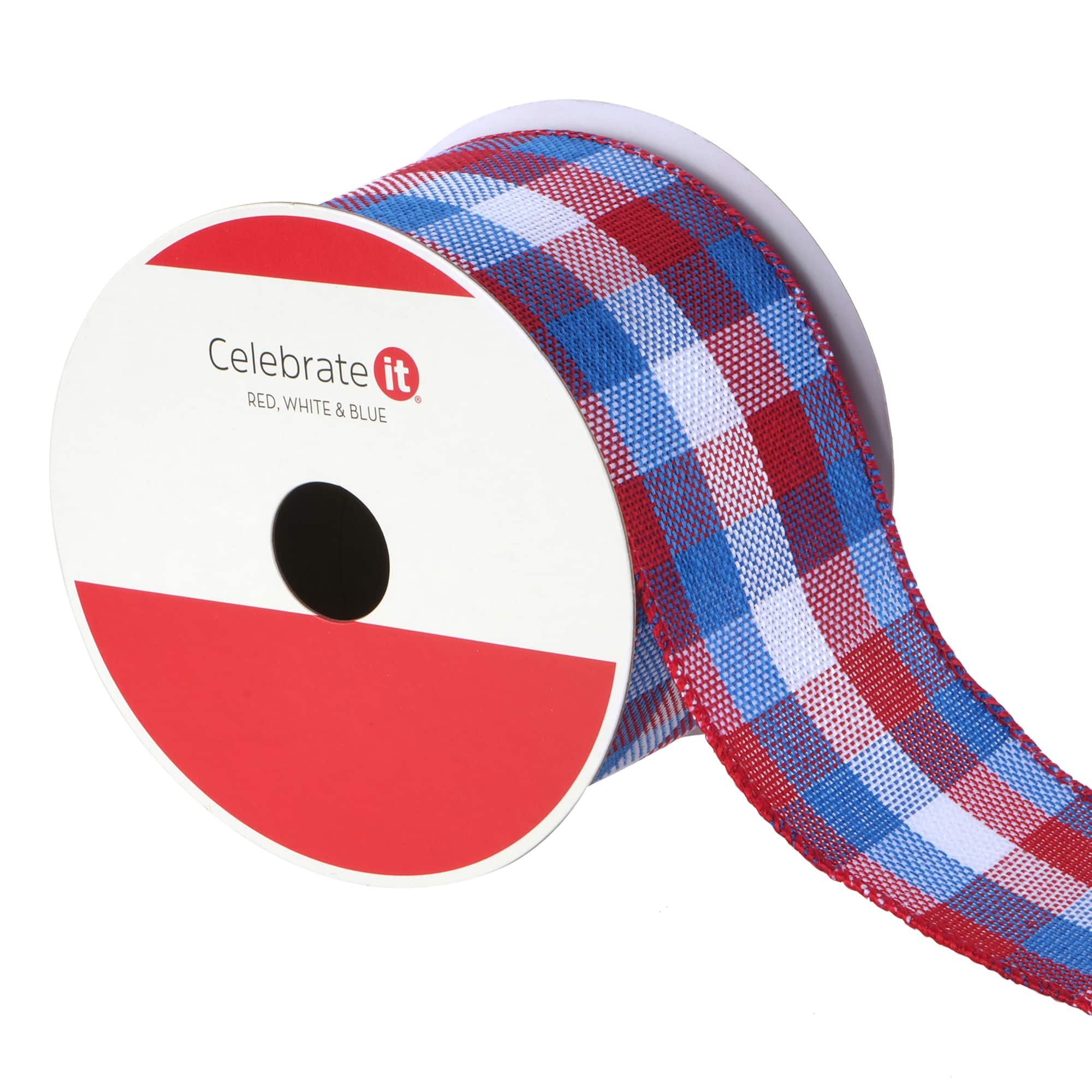 2.5" x 6.6yd. Red, White & Blue Plaid Wired Ribbon by Celebrate It®